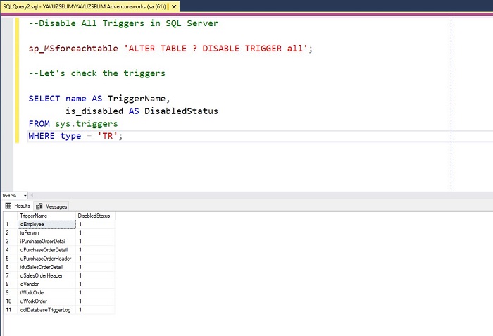 Disable All Triggers In SQL Server MSSQL Query