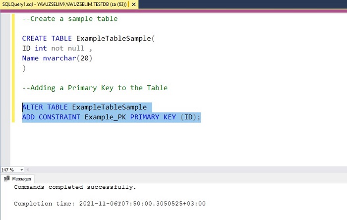 Adding Primary Key to Table in SQL Server