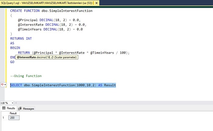 Simple Interest Calculation Function in SQL Server