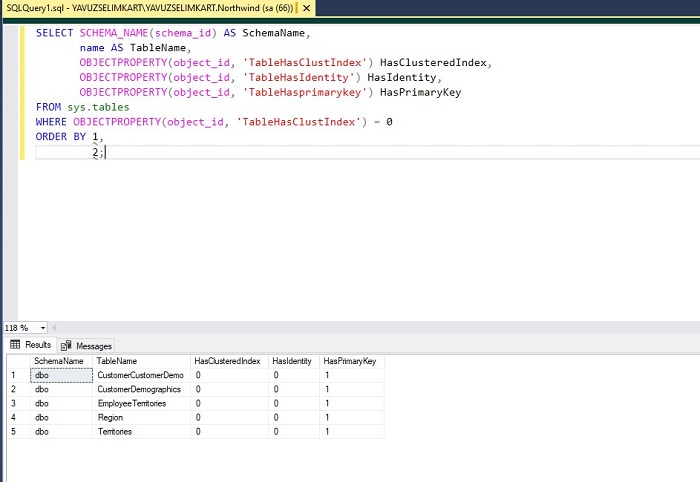 Listing Clustered Index Identity and Primary Keys in SQL Server