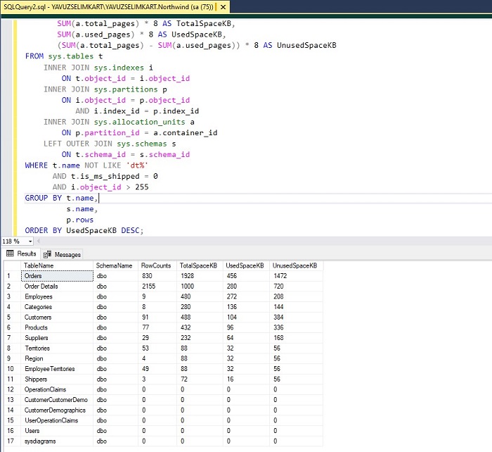 Listing Sizes of Tables in Database in SQL Server